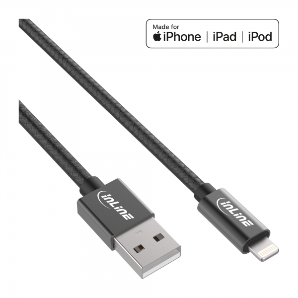 InLine® Lightning USB Kabel, für iPad, iPhone, iPod, schwarz/Alu, 2m MFi- zertifiziert, Lightning USB, Kabel, Produkte